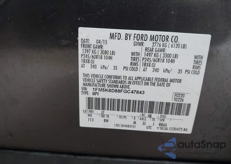 2015 Ford Explorer Xlt from USA, damaged, VIN 1FM5K8D88FGC47843